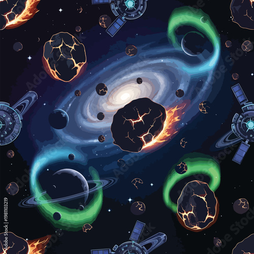 Colorful cosmic illustration featuring asteroids, planets, nebula, and space satellites in a vibrant scene, patern seamless, Stock royalty image.