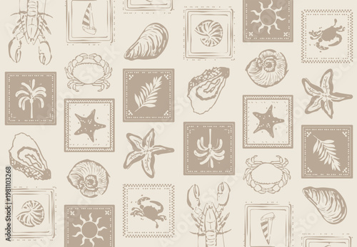 Foto Sea shells, fossils and mollusks seamless pattern