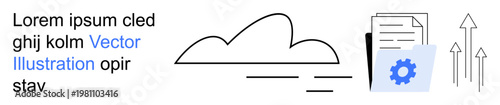 Cloud computing, data management, file sharing, automation, technology solutions, and innovation. A cloud, documents and gear icon with upward arrows. Cloud computing and data management concept