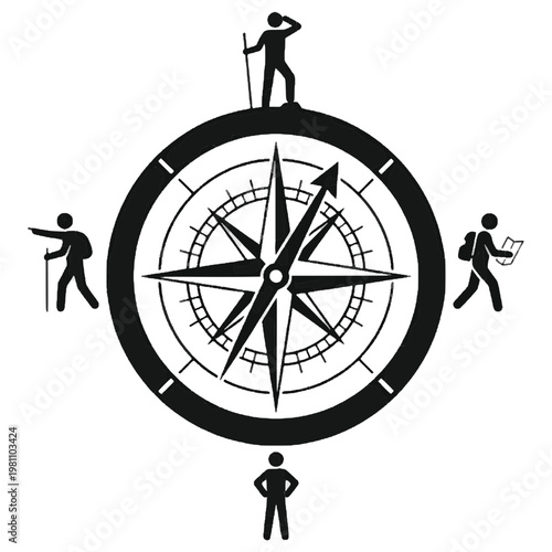 Business direction concept with human compass figures isolated on transparent background