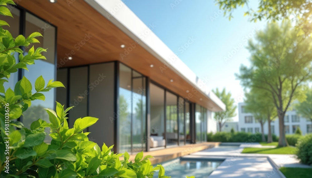 Fototapeta premium Modern house with large glass windows and wooden ceiling. Lush green plants surround the sleek minimalist home. Outdoor space features a small pool and manicured lawn.