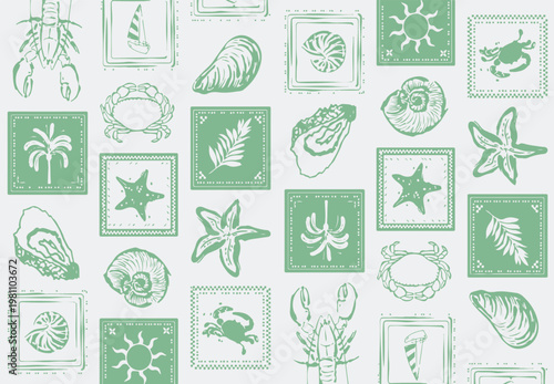 Foto Sea shells, fossils and mollusks seamless pattern