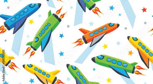 Colorful cartoon space shuttle background with stars and light blue shapes on white, seamless pattern, royalty free stock.