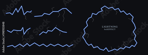 Electric blue neon lightning bolt effects and jagged zig zag lines on black background for weather storm and energy concepts