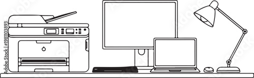Office workspace with printer computer monitor laptop