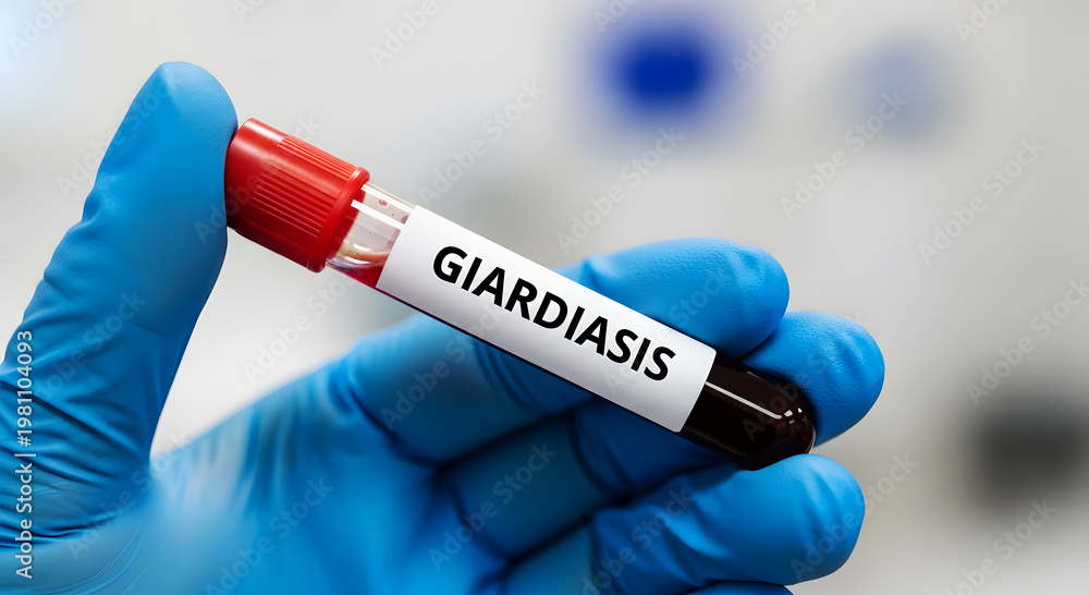 Obraz premium Blue gloved hand holds blood sample vial labeled Giardiasis in laboratory test
