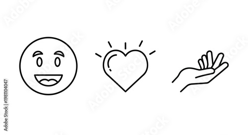 Simple line art icons depicting happiness love and an open hand silhouette