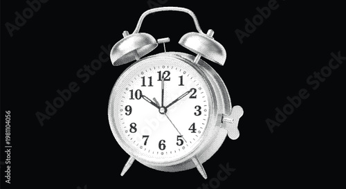 Classic metal twin bell alarm clock shown at ten past ten isolated on black background using a halftone dot texture