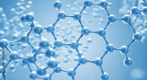 Blue molecular structure with hexagonal lattice and bokeh background molecule science