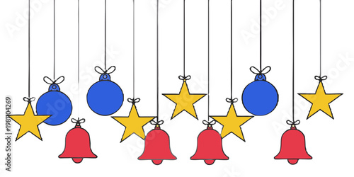 Festive Christmas Ornaments Hanging with Stars and Bells on White Background
