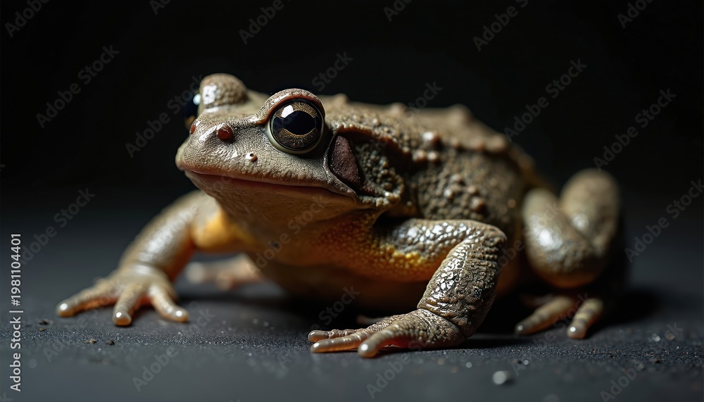 Obraz premium Closeup of brown toad amphibian with textured skin and bulging eyes. Creature rests on dark surface with blurred background. Animal macro detail shot.