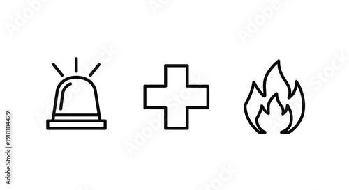 Emergency icons depicting alarm medical cross and fire silhouette