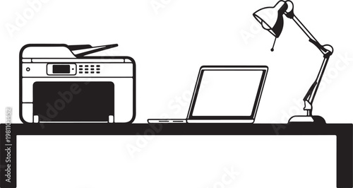 Black and white office desk with printer laptop and lamp desi