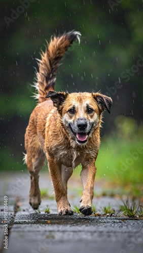 Happy dog with wet fur runs towards the viewer on a paved path in a rainy, green environment