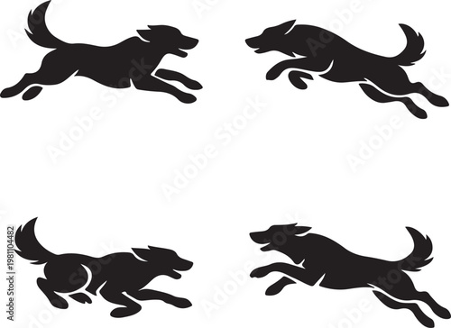 Set of four black silhouettes of running and jumping wolves or dogs in a minimalist tribal style, isolated on a white background.