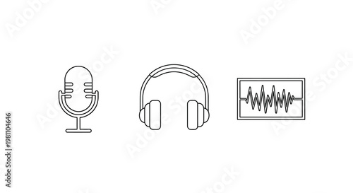 Microphone headphones and sound waves presented as a clean silhouette
