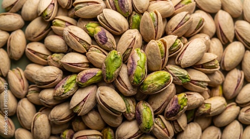 Top view macro of roasted pistachios nuts organic healthy snack food texture