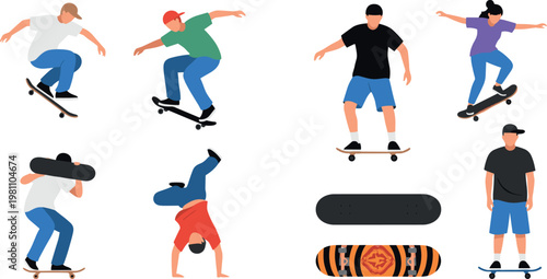 Skateboarding Action Icons Set with Tricks, Stunts, and Skateboards for Sports, Extreme Play, and Youth Design Themes
