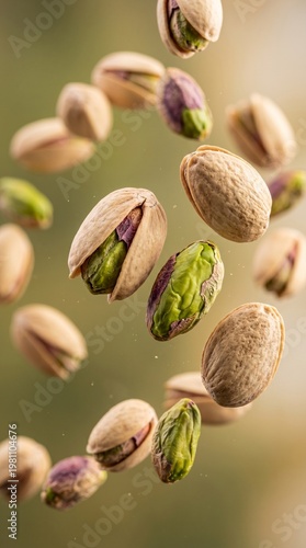 vertical motion pistachios nuts levitating on green gradient background