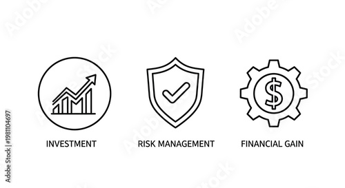 Three financial icons representing investment risk and gain silhouette