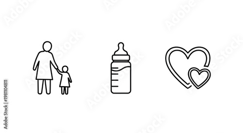 Mother child bottle and heart icons in a simple line silhouette