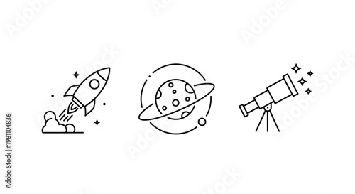 Space exploration icons depict a rocket planet and telescope silhouette