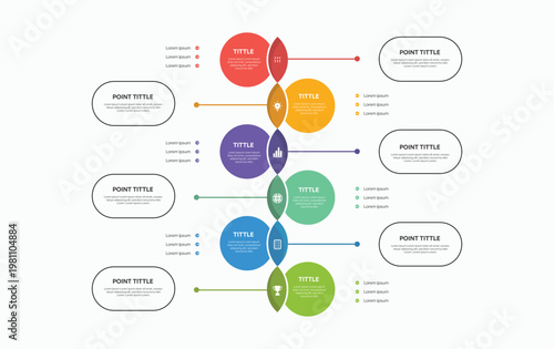 A new layout vertical infographic with six colorful leaf nodes, modern icons, and connecting lines for creative business and planning visuals