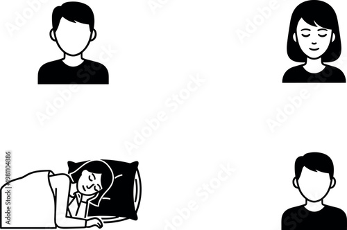 Sleeping and Resting Icons Set Featuring People in Bed and Restful Sleep for Health and Wellness Concepts