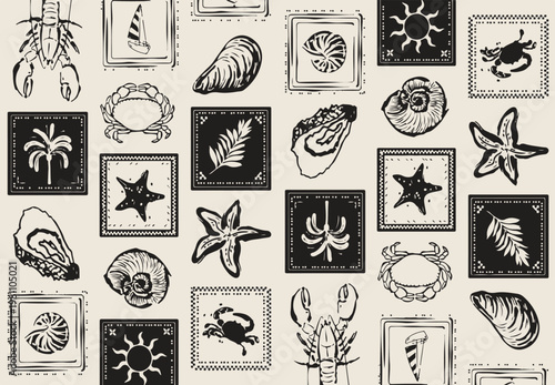 Konstfotografi Sea shells, fossils and mollusks seamless pattern