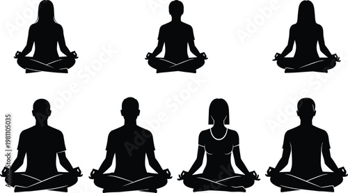 Set of seven black silhouettes showing men and women sitting in meditation lotus pose for yoga, wellness, and mindfulness designs.