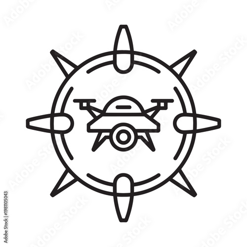 Line art illustration of a drone within a circular target symbol