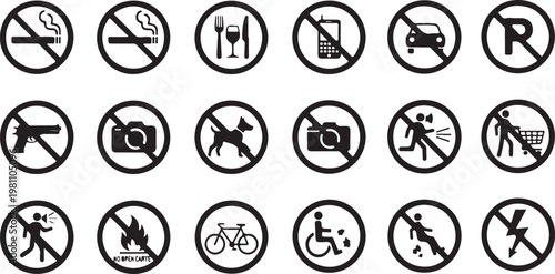 Prohibited signs, icons, symbols set, no smoking, no dogs, no bicycles, warning signs