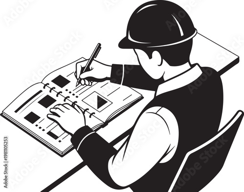 Man in hard hat on storyboard desk chair