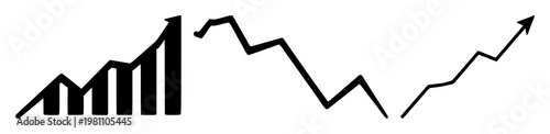 Downward market trend chart icon set with solid black form on white background featuring line chart, bearish trend, monetary indicator with finance and analytics