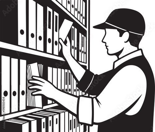 Man in cap retrieving file from shelf binder bookshelf