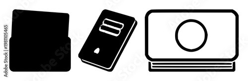 Savings account passbook icon set with solid black design on white background featuring finance, banking, accounting with simple and minimalist