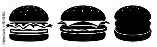 Plant-based meat burger icon set with solid black outline on white background featuring plant-based burger, simple line art, minimalist with black and white and food illustration