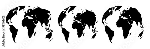Worldwide shipping globe icon set with flat design and solid black fill featuring global logistics, international delivery, and e-commerce with distribution and transportation