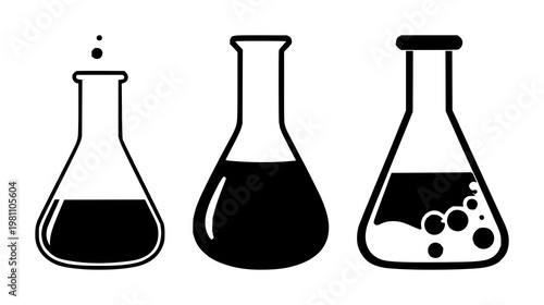 Lab beaker set with solid black icon on white background featuring chemical symbols, liquid, graduation marks with flask and solution