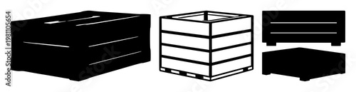 Stackable crate icon set with single solid black symbol on white background featuring logistics, shipping, warehousing with crate, pallet and storage and supply chain