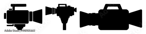 Video camera icon set with solid black icon on white background featuring camera, video, recording with technology and media