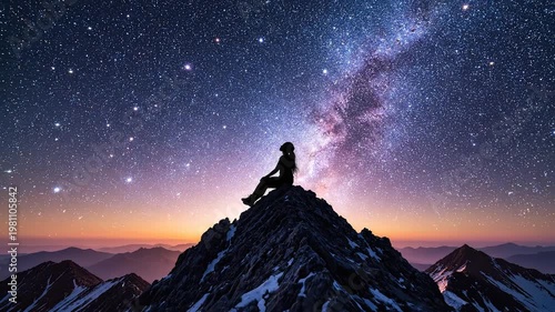Silhouette of person on mountain under starry sky for environmental projects, nature documentaries, and commercials