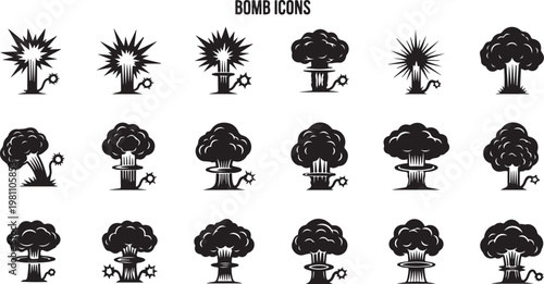 Foto Bomb icons, explosion symbols, blast graphics, detonation signs, vector illustra