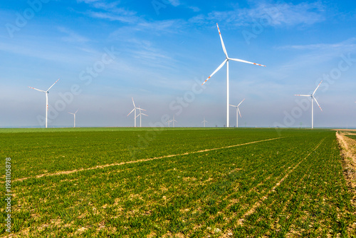 Nice view of the windmill fields in Wielowiec in Poland.