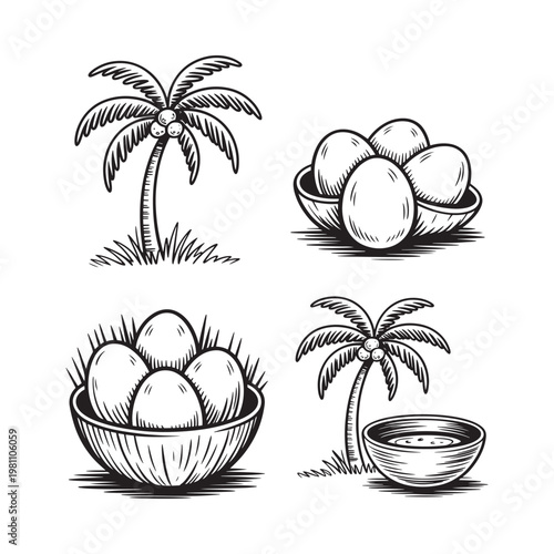 Vintage illustration of coconut palms eggs and a bowl of coconut oil