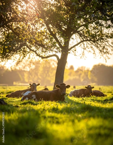 Cows resting under a tree in a sunny meadow during golden hour