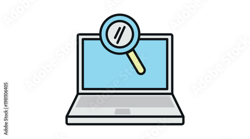Digital search and laptop analysis icon: portable computer with magnifying glass on screen, soft colors and black line vector illustration.