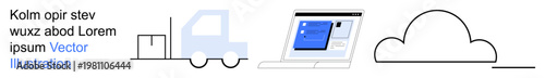 Logistics, cloud computing, technology integration, supply chain, data storage, online operations. Truck, laptop with screen cloud outline. Logistics and cloud computing visualization