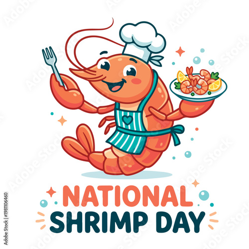 Cartoon Shrimp Wearing Chef Hat.