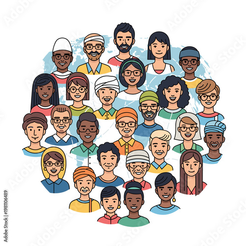 Foto A diverse group of people from various backgrounds and ethnicities are depicted in a circular arrangement, symbolizing global unity and community